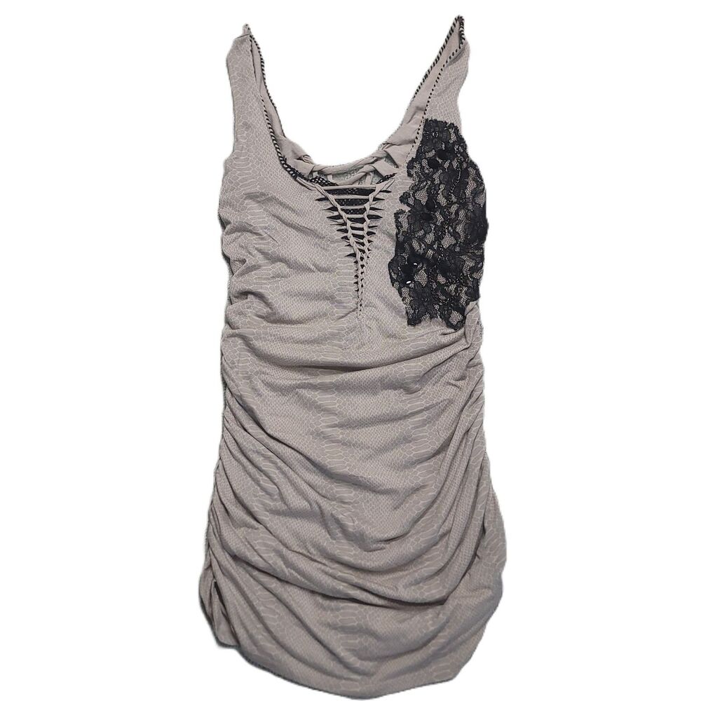 Kimikal Ruched Mini Dress Womens L Grey with Black Lace Stretch
